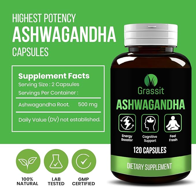 Grassit Pure Ashwagandha Supplement 500 mg | 120 Capsules