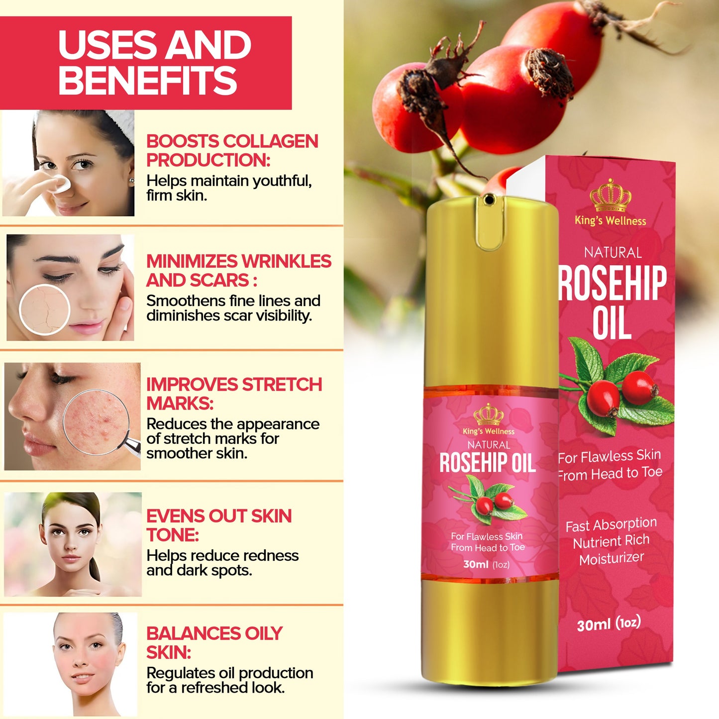 King's Wellness Rosehip Face Oil for Men & Women